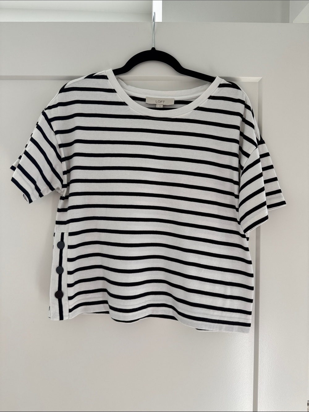 LOFT Black and White Striped Short Sleeve Button-Side Tee